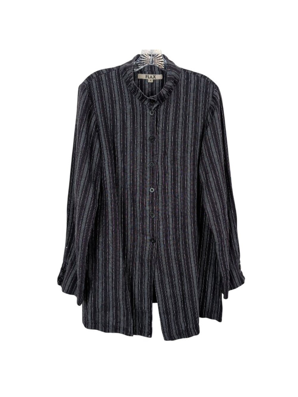 FLAX Linen Tunic Women S Black Gray Stripe Button Front Lagenlook Lithuania